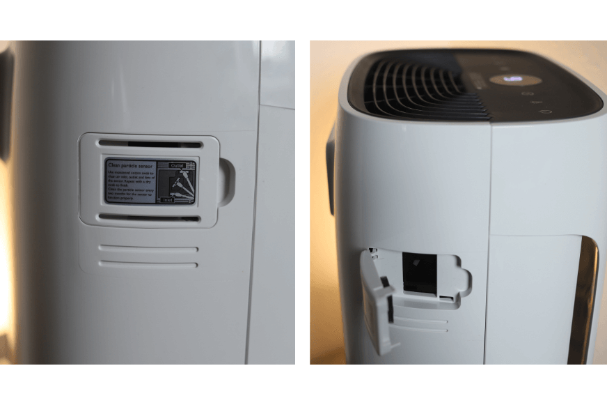 Der Philips Luftreiniger steht seitlich, die Klappe vom Luftreiniger ist offen. Man sieht den Luftqualitätssensor